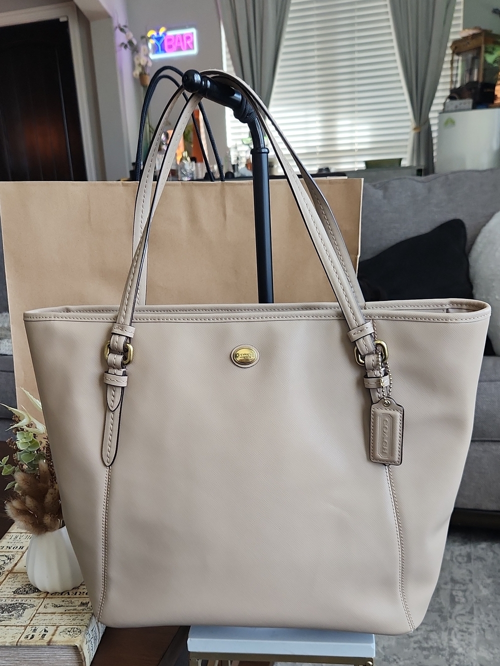 Coach Peyton Leather Zip Top Tote Bag Sand Beige Cream